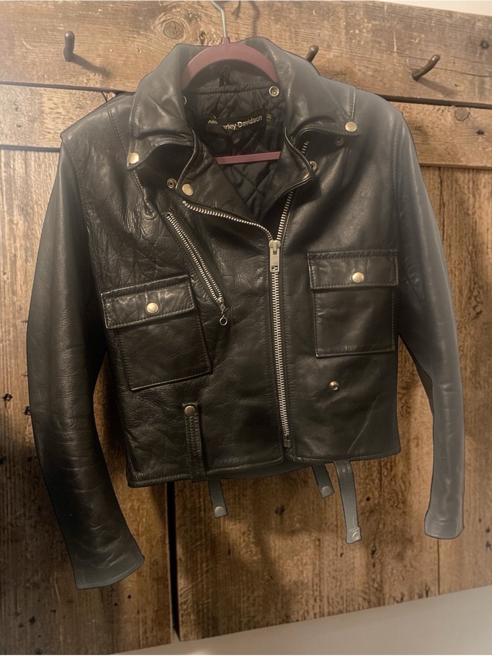 Harley-Davidson Black Quilted Leather Moto Jacket with Snap Pockets